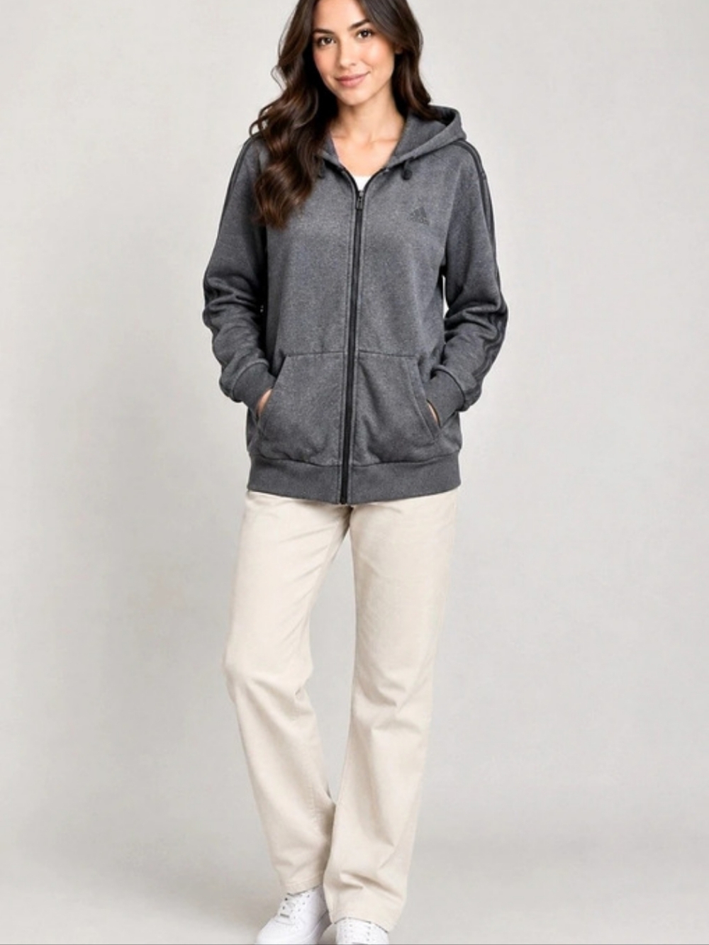 adidas Essentials Fleece 3-Stripes Full-Zip Hoodie Gray